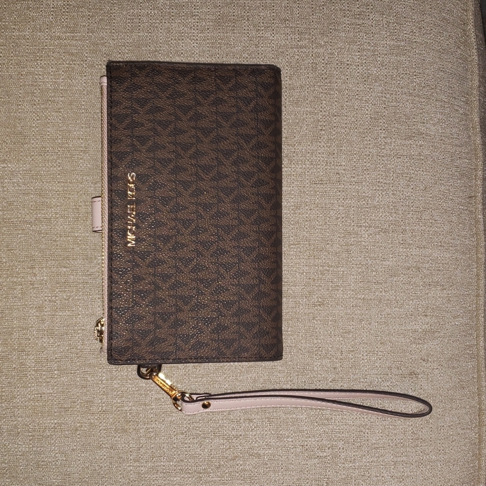 MK brown and blush wristlet wallet